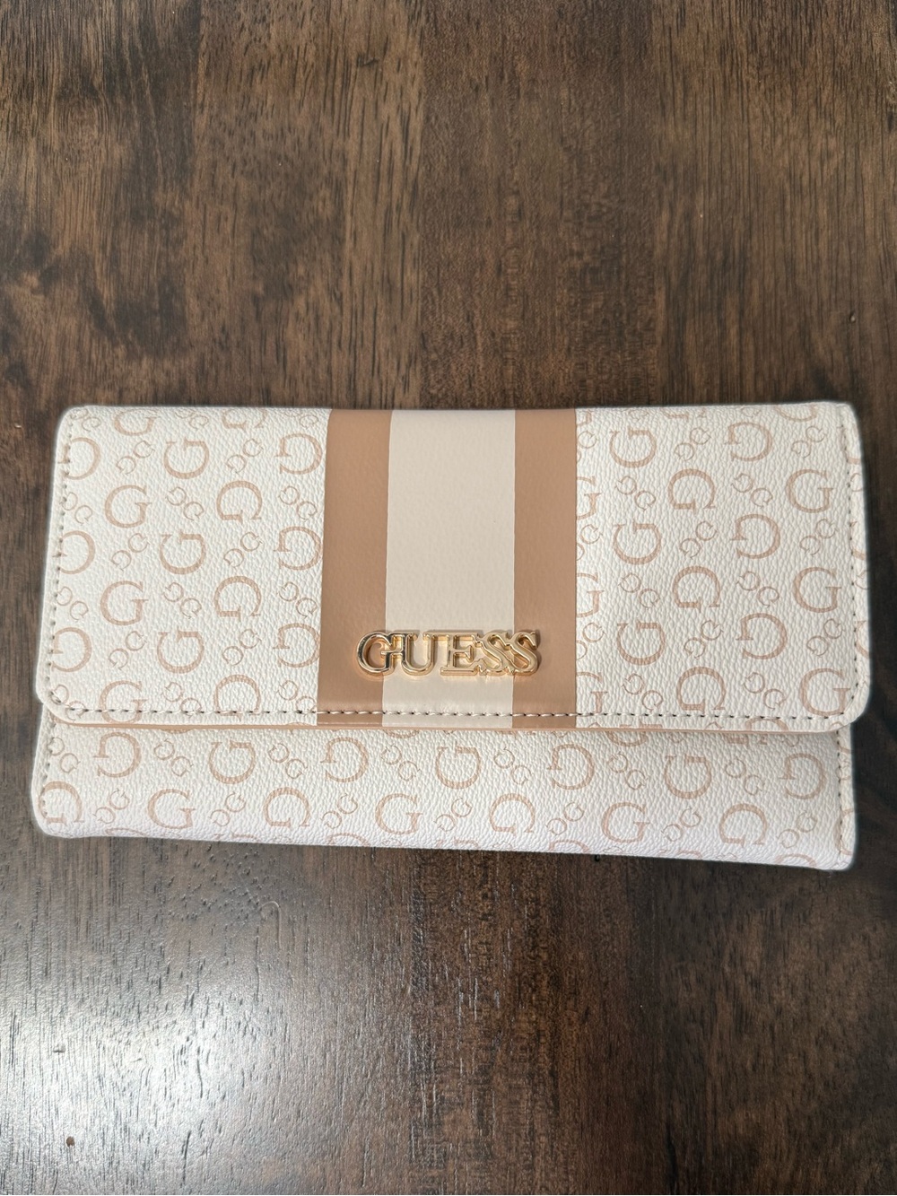 GUESS Cream & Tan Signature Logo Wallet with Gold Hardware
